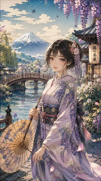 和風美麗イラスト生成GPT：カスタムGPT（GPTs）で作ったイラスト集 前回からさらに改良。自分の画風を残したままもう少し浮風に近くできないかと試行錯誤。これも10分程度で完成しました。 元になる完成指示文が既にある藤の茶屋で迎える春の風