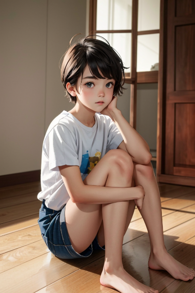 床に座る少年