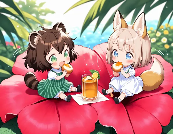 コン子とポン子・お花の蜜を食べた