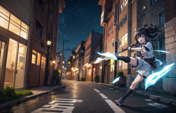 暗闇でアスファルトを斬りつける少女