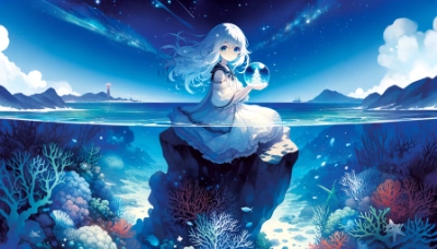 星空と水中と少女が持つスノードーム