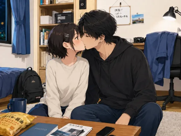 エレン、写真部の裕月先輩（21）の下宿の部屋でキス