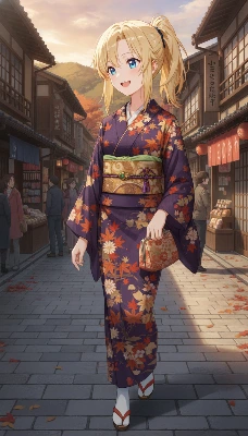 紅葉舞う宿場町で微笑む金髪の少女