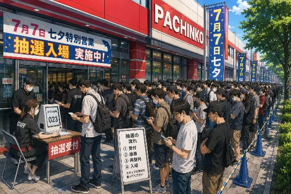 七夕抽選で並ぶパチンコ店前