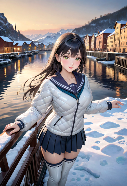 白いセーラーダウンと雪の港町
