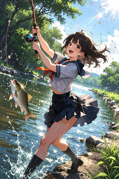 夏の川辺で釣り上げる少女の冒険