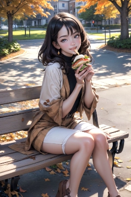 eating sandwich on bench