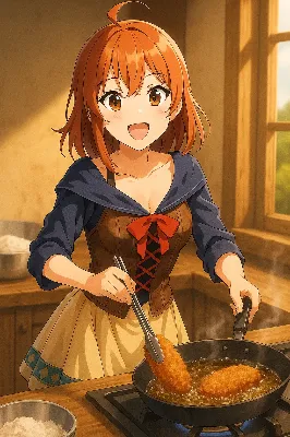 キッチンの陽気な揚げ物少女