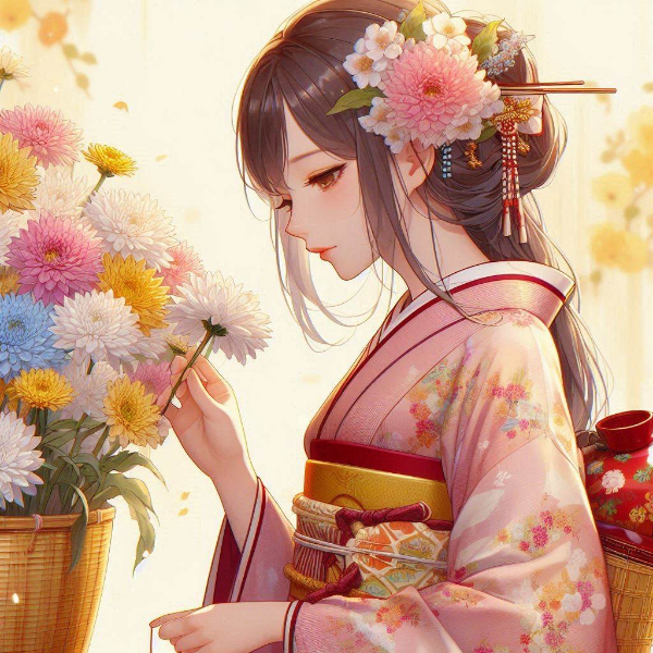 生花を活けてる着物の女性