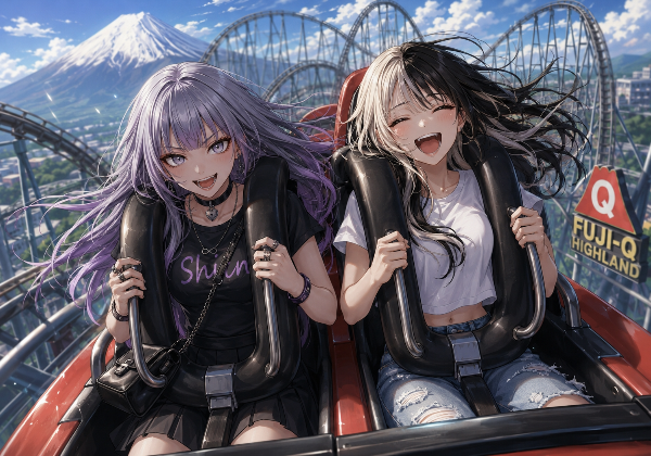 ジェットコースターを楽しむ２人(しおん、くるみ)