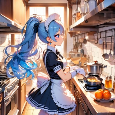 料理中の青髪メイドさん