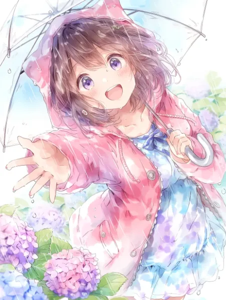 雨の紫陽花畑で輝く少女の笑顔。