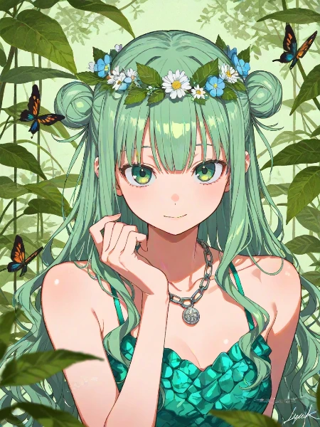 森に舞う緑の花冠少女