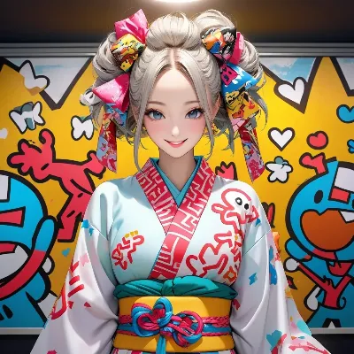 ポップ浴衣の微笑む少女