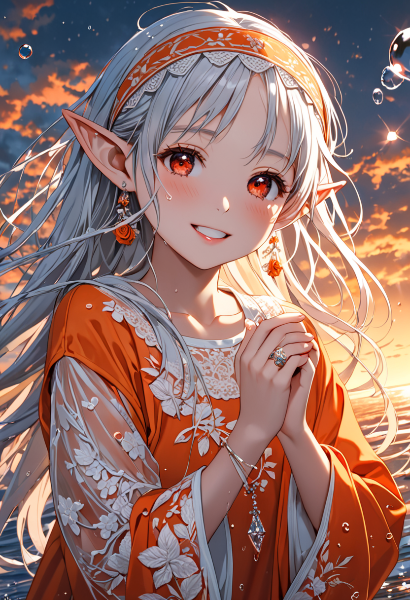 夕焼けの海に響くエルフの祈り