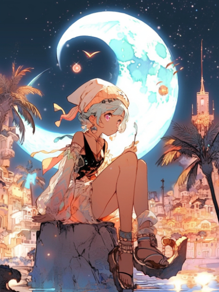 No.1585 三日月の街と女の子