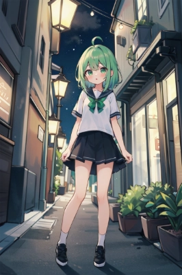 夜の街の中に佇む少女