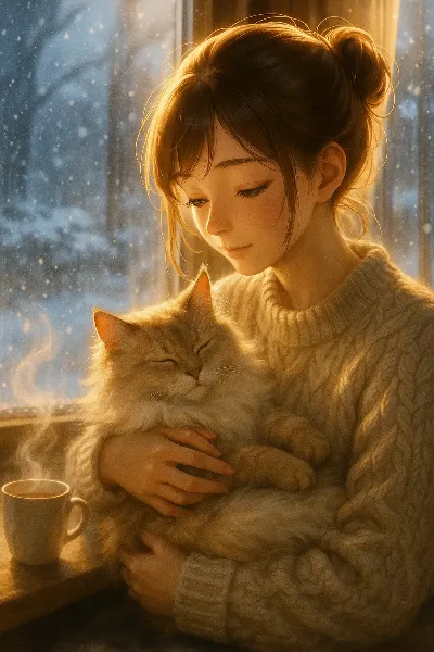 雪の窓辺で猫と過ごす穏やかな朝