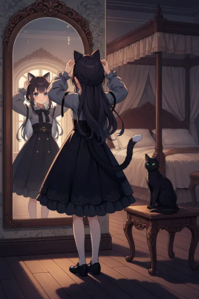 鏡前の猫耳少女