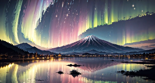 富士山とオーロラ (壁紙)