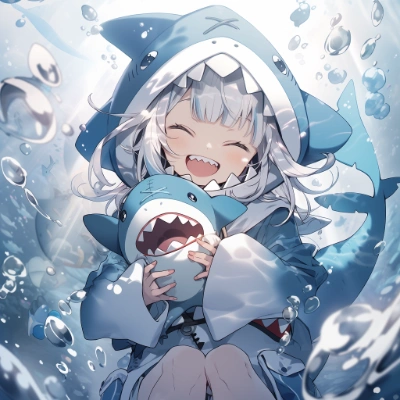 サメのぬいぐるみを抱きしめる少女