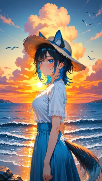 🐺👒 麦わら「……海、綺麗だな。」潮騒、夕暮れに佇むウル子