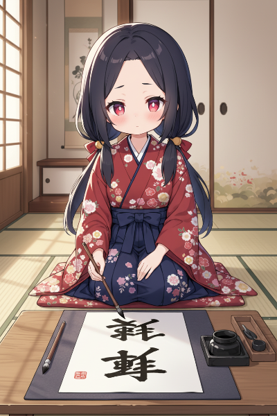 書き初めをする袴姿の少女