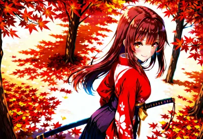 紅葉舞う森で微笑む、赤き剣士
