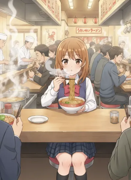 熱々ラーメンに挑む制服少女