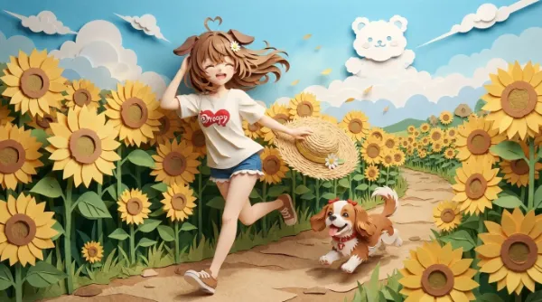 ひまわり畑を走る走る