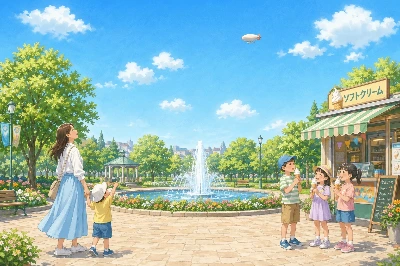 夏空の飛行船とアイス