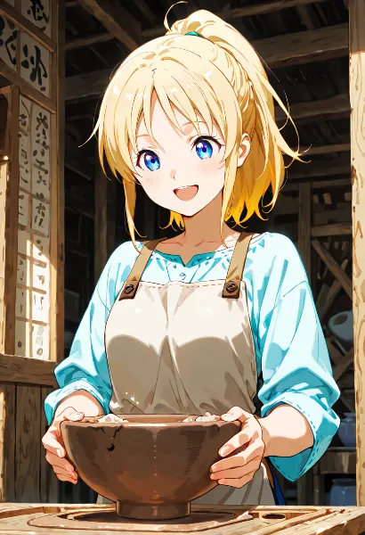 古い工房の笑顔の陶芸少女