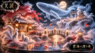 月夜の雲海を渡る夢幻の白狐