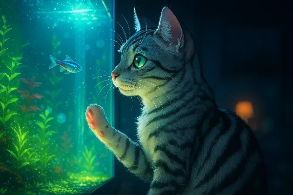 好奇心の夜、猫と魚の秘密の対話