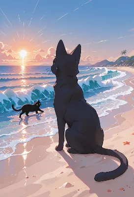 夕陽のビーチで出会う黒猫の物語