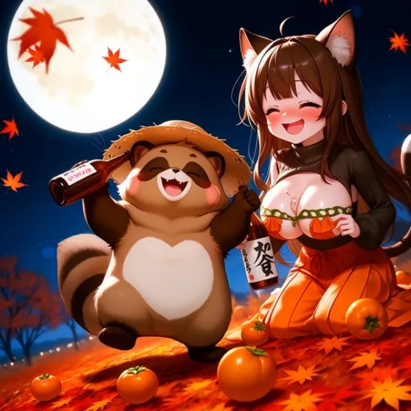 タヌキさんと酒盛りをする猫又さん