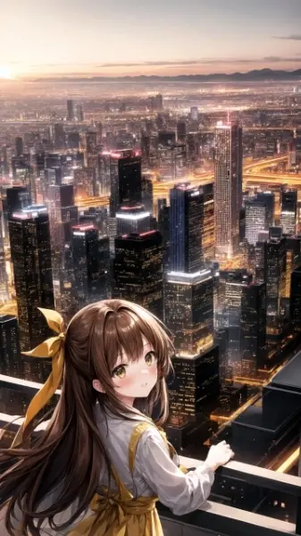 夜景と黄色いリボンの女の子