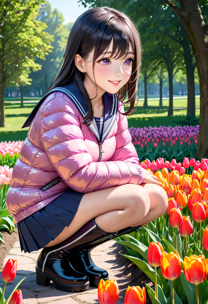 チューリップを愛でるJK