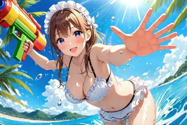 夏のビーチでメイドの水鉄砲大作戦