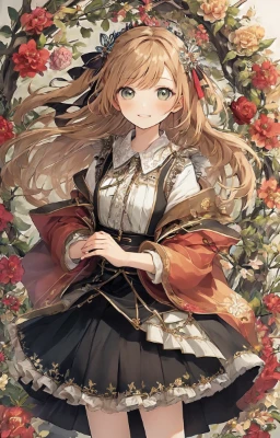 花に囲まれる茶髪の少女