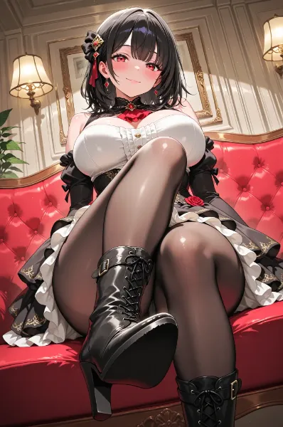 紅いソファの魅惑的な微笑み