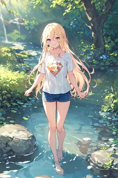 水辺で佇む金色の髪の少女