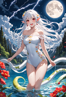 白水着のエルフと蛇