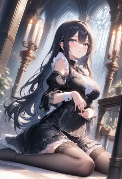 跪く黒髪の魅惑メイド