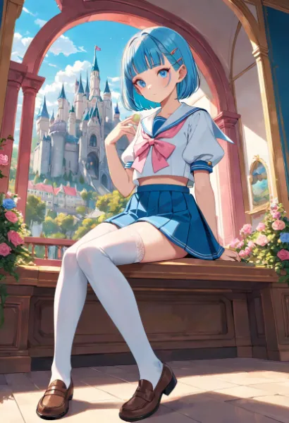 青髪の少女と魔法の城の午後