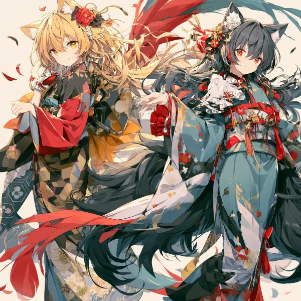 紅葉の風に舞う狐耳の姉妹