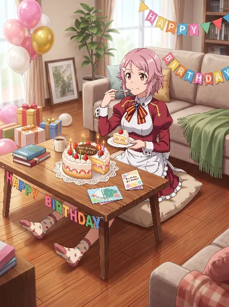 部屋で誕生日ケーキを食べるリズベット