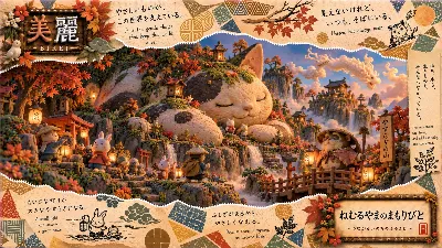 秋の山里を守る眠れる巨猫