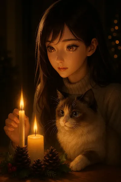 キャンドルの灯りと猫の秘密の夜