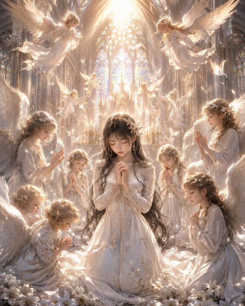 聖なる光に包まれる天使たちの祈り